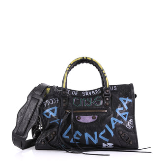 Balenciaga City Graffiti Classic Studs Handbag Leather Small Black 407671