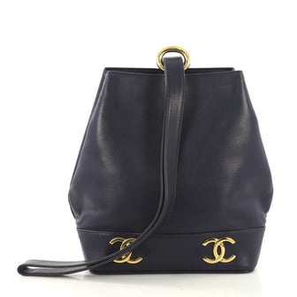 Chanel Vintage CC Bucket Shoulder Bag Leather Small Blue 407996