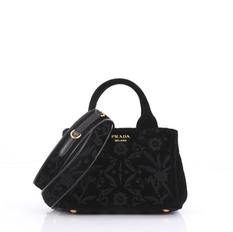 Prada Model: Convertible Open Tote Quilted Embroidered Velvet Mini Black 40808/40