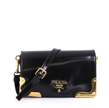 Prada Metal Adornment Flap Shoulder Bag Leather Small Black 409372