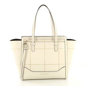 Salvatore Ferragamo Amy Tote Stitched Leather Medium White 409461