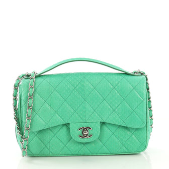 Chanel Easy Carry Flap Bag Quilted Snakeskin Medium Green 409741