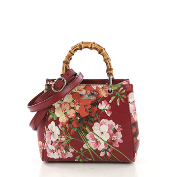 Gucci Bamboo Shopper Tote Blooms Print Leather Mini Red 4101026