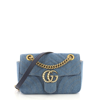 Gucci Pearly GG Marmont Flap Bag Matelasse Denim Mini Blue 4101034