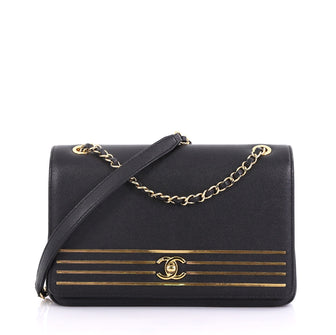 Chanel Model: Captain Gold Flap Bag Embroidered Caviar Medium  Black 41010/85
