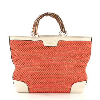 Gucci Bamboo Shopper Tote Woven Straw Small Orange 4103030