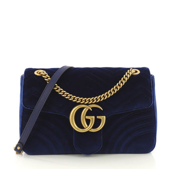 Gucci GG Marmont Flap Bag Matelasse Velvet Medium Blue 410322