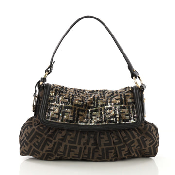 Fendi Chef Flap Bag Zucca Canvas with Sequins Medium Brown 410421