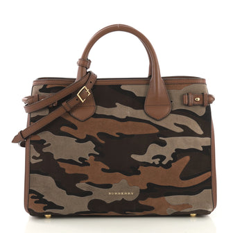 Burberry Banner Convertible Tote Camouflage Suede Medium Brown 4104221