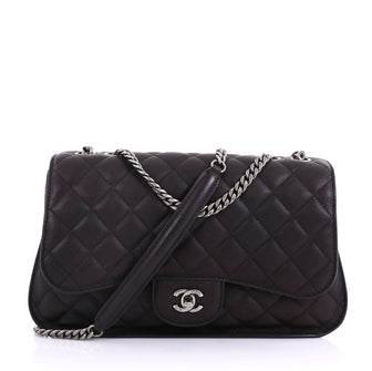 Chanel Double Flap Shoulder Bag Quilted Goatskin Medium Black 410591