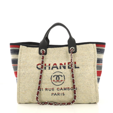 Chanel Deauville Chain Tote Canvas with Striped Detail 411128