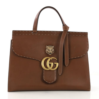 Gucci GG Marmont Animalier Top Handle Bag Leather Medium Brown 411191