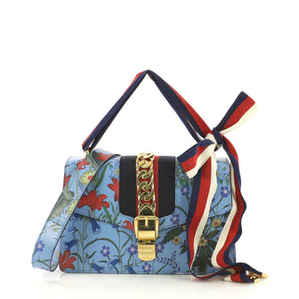 Gucci Sylvie Shoulder Bag Flora Leather Small Blue 412336