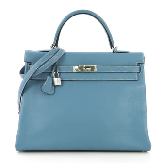 Hermes Kelly Handbag Blue Clemence with Palladium Hardware 4125433