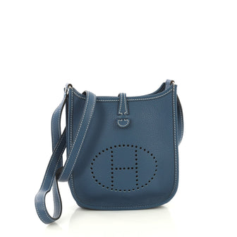 Hermes Long Strap Evelyne Crossbody Bag Clemence TPM Blue 414607