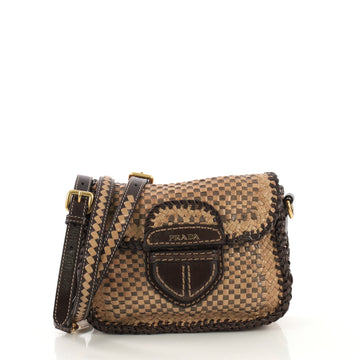 Prada Push Lock Flap Shoulder Bag Madras Woven Leather Brown 4149919