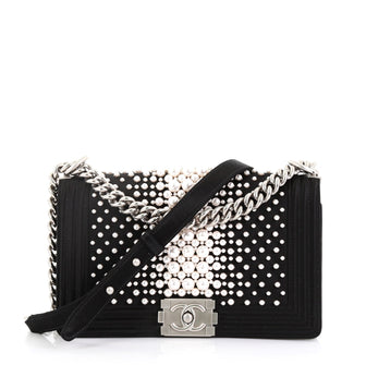 Chanel Boy Flap Bag Pearl Embellished Satin Old Medium Black 415076