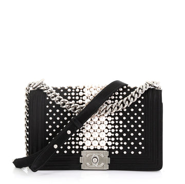 Chanel Boy Flap Bag Pearl Embellished Satin Old Medium Black 415076