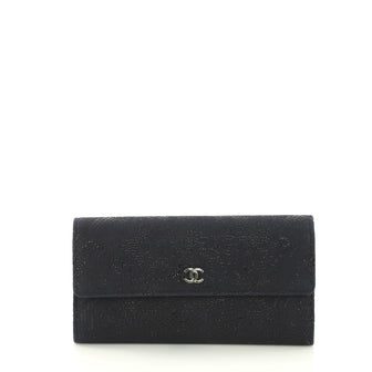 Chanel CC Gusset Flap Wallet Lace Leather Long Blue 416049