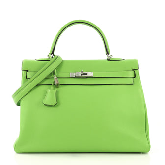 Hermes Kelly Handbag Green Clemence with Palladium Hardware 416062
