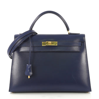 Hermes Kelly Handbag Blue Box Calf with Gold Hardware 32 416063