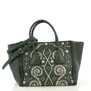 Prada Twin Pocket Tote Embroidered Saffiano Medium Green 41692122