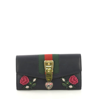Gucci Sylvie Continental Wallet Embroidered Leather Blue 416996