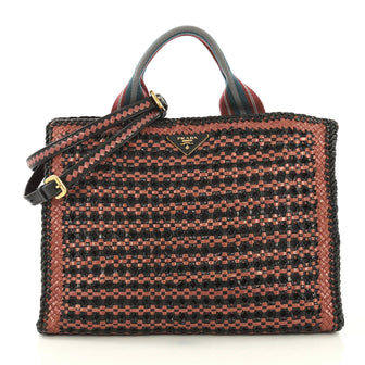 Prada Convertible Open Tote Madras Woven Leather Medium 4170049