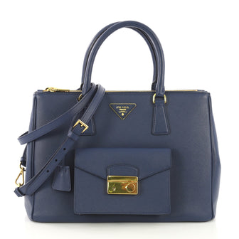 Prada Front Pocket Double Zip Lux Tote Saffiano Leather Blue 417021