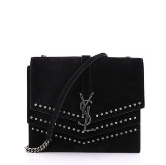 Saint Laurent Sulpice Flap Bag Studded Suede Small Black 417031