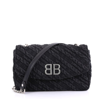 Balenciaga BB Chain Round Shoulder Bag Quilted Denim Small Black 417141