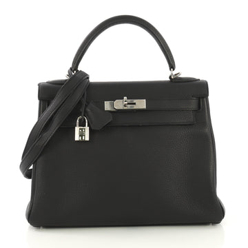 Hermes Kelly Handbag Black Clemence with Palladium Hardware 417952