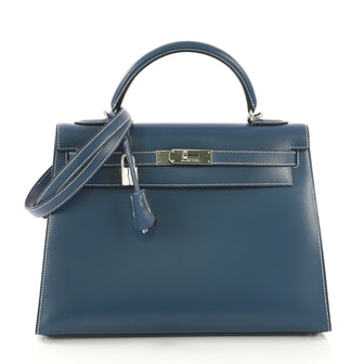 Hermes Kelly Handbag Blue Box Calf with Palladium Hardware 4189112