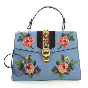 Gucci Sylvie Top Handle Bag Embroidered Leather Medium Blue 419081