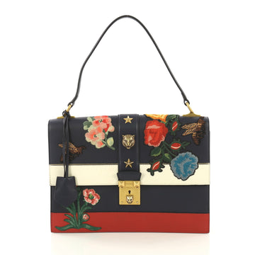 Gucci Cat Lock Shoulder Bag Embroidered Leather Medium