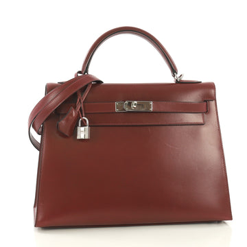 Hermes Kelly Handbag Red Box Calf with Palladium Hardware 32 421003