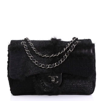 Chanel CC Chain Flap Patchwork Tweed and Fur Jumbo Black 4219620