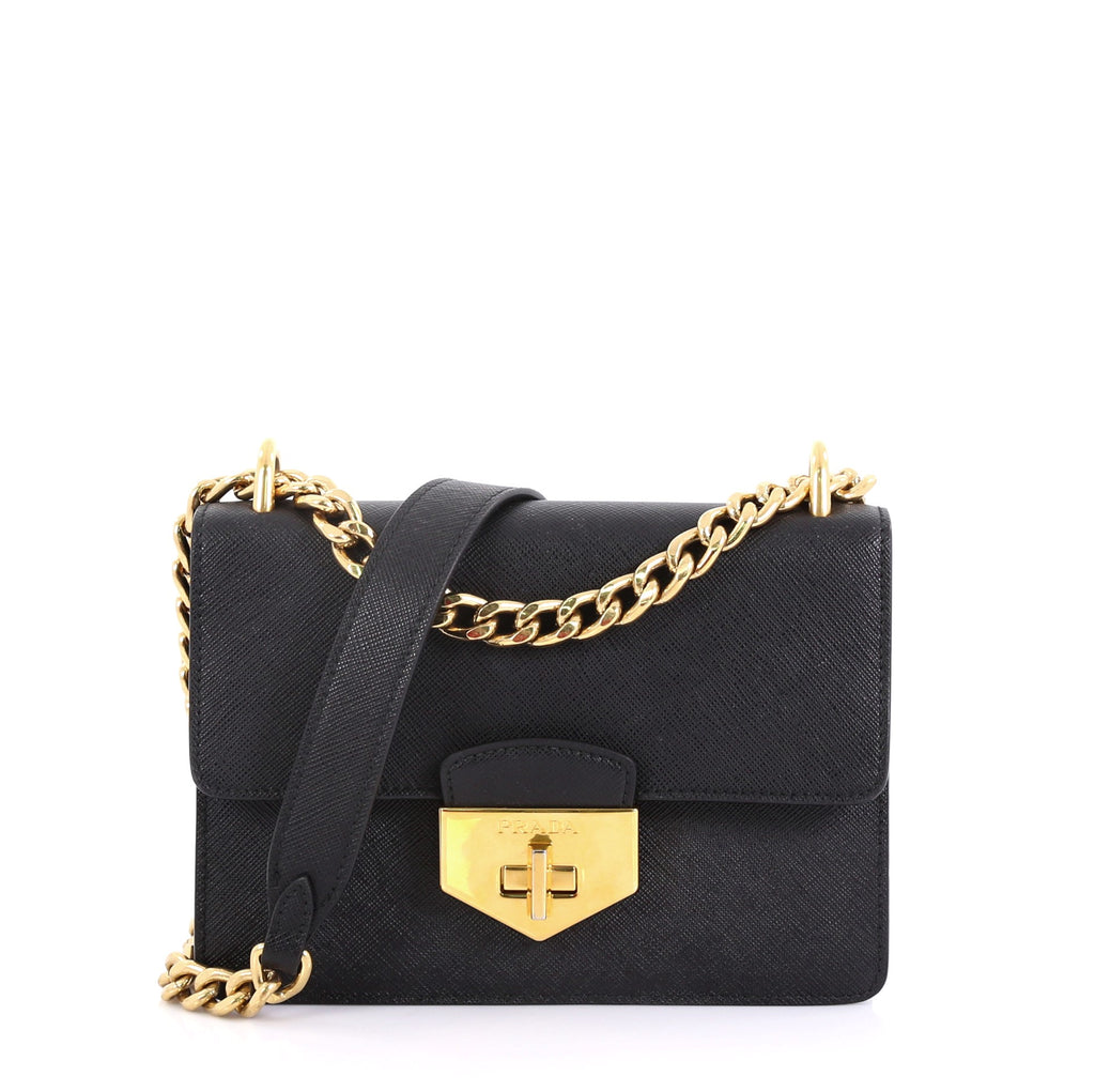 Prada Gray leather shoulder bag with Lock and Gold Chain