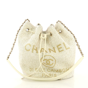 Chanel Deauville Drawstring Bucket Bag Raffia Medium White 4219643