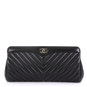 Chanel CC Frame Clutch Chevron Lambskin Black 422041
