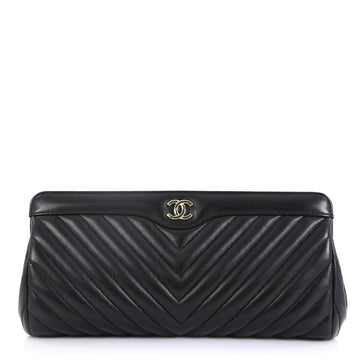 Chanel CC Frame Clutch Chevron Lambskin Black 422041