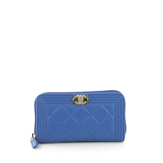 Chanel Boy Zip Around Wallet Quilted Lambskin Long Blue 4224010