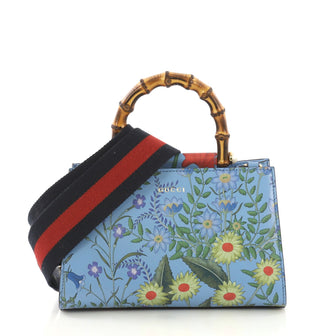 Gucci Nymphaea Top Handle Bag Floral Print Leather Mini Blue 422594