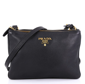 Prada Double Zip Crossbody Bag Vitello Daino Small Black 423131