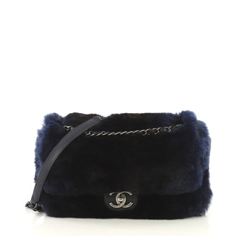 Chanel Chain Zip CC Flap Bag Fur and Quilted Lambskin Medium Blue 424006