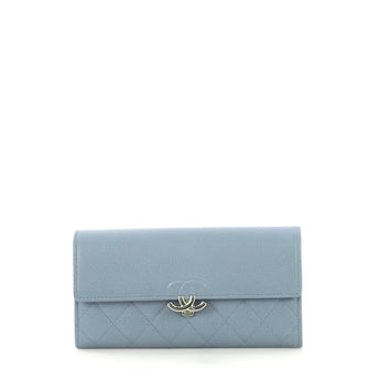 Chanel CC Box Gusset Flap Wallet Quilted Calfskin Long Blue 424863
