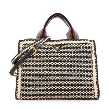Prada Convertible Open Tote Madras Woven Leather Medium