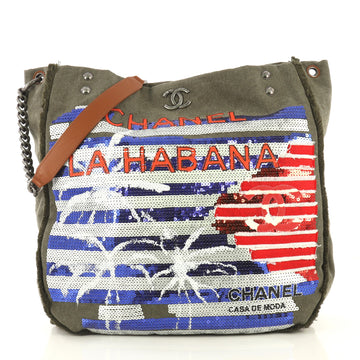 Chanel Cuba La Habana Chain Hobo Sequin Embellished Canvas Large