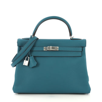 Hermes Kelly Handbag Blue Clemence with Palladium Hardware 32