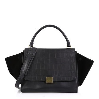 Celine Trapeze Handbag Crocodile Embossed Leather Medium  black 42611/117